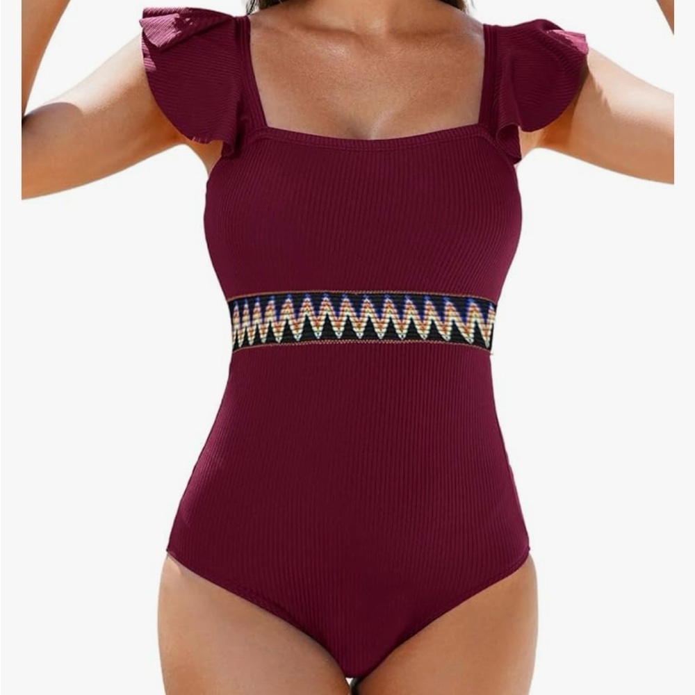 Burgundy Ribbed One Piece Swimsuit Ruffle Straps Geometric Embroidered Waist